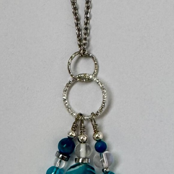 Necklace handmade 3 tier dangle silver turquoise clear crystal beads OOAK - Picture 5 of 7